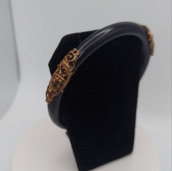 Vintage Black Acrylic Bangle Bracelet with Gold Decorations. - Picture 4 of 9